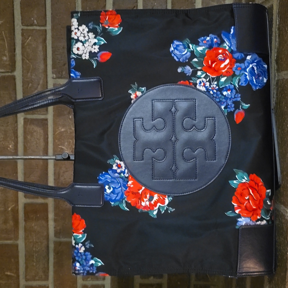 Tory Burch Ella Large Printed Tote Black Tea Rose‎ Handbag Black Multicolor